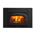 Vermont Casting Montpelier cast iron wood-burning fireplace insert with a glowing orange and yellow fire visible through the front glass door, shown against a plain white background.