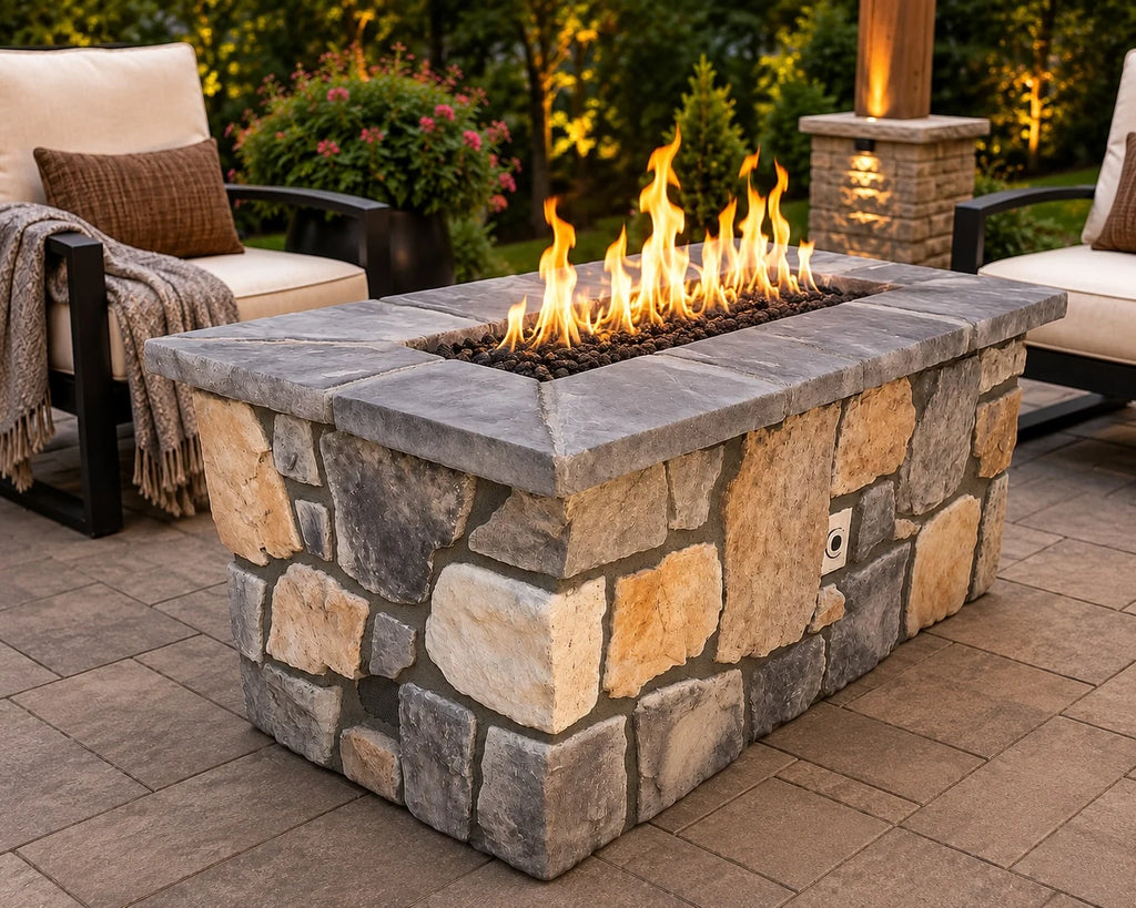 61" x 31" Rectangle Custom Stone Gas Fire Pit – Manual Match Light